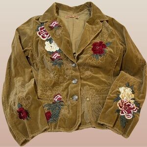 EUC!JOHNNY WAS VELVET BLAZER IN TAN/MOSS COLOR W/ HAND EMBROIDERY THROUGHOUT. LG